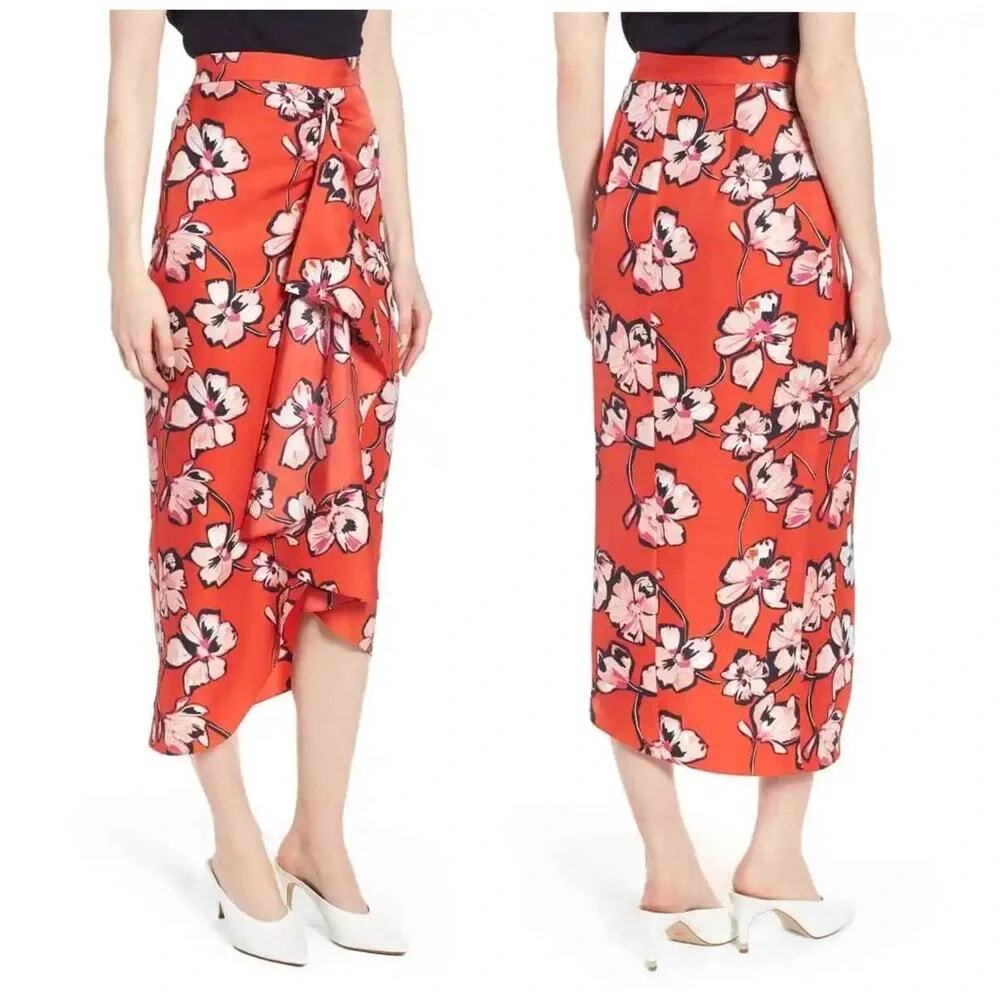 Lewit for Nordstrom Silk Red Floral Print Ruffle Faux Wrap Midi Skirt Sz 4 NWT